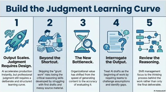 A judgment learning curve moving from AI-generated output through evaluation, correction and stronger human judgment.